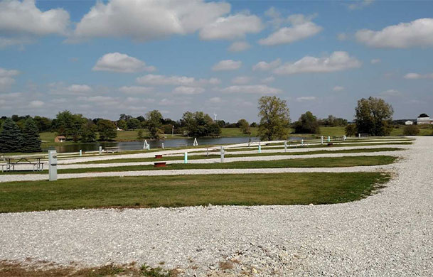 Premium waterview pull-thru RV campsite at Adventure Bound Kamp Modoc